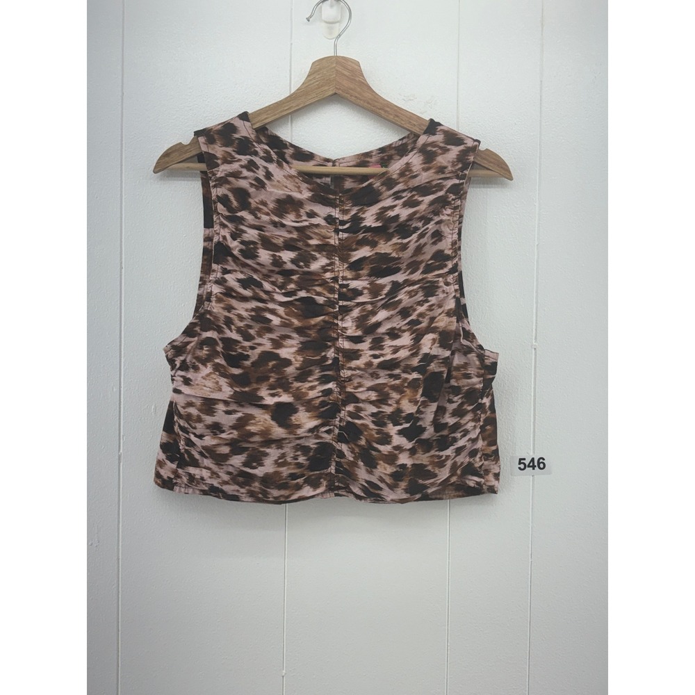 Farm Rio Womens Brown Leopard Print Ruched Front Split Back Crop Top Size M
